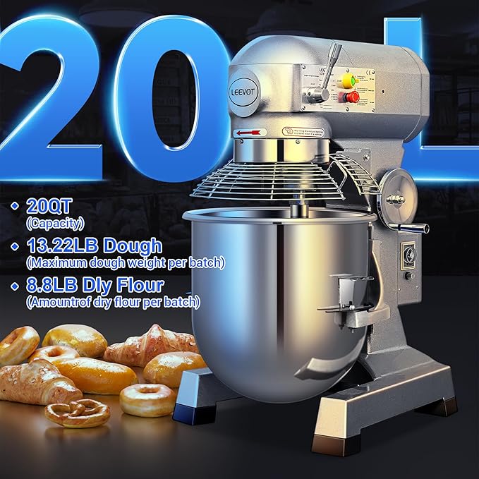 EKway 20Qt Commercial Stand Mixer with Timing Function,1100W Commercial Mixer 3-Speed Adjustable,Electric Stand Commercial Dough Mixer with Stainless Steel Bowl for Bakery Pizzeria