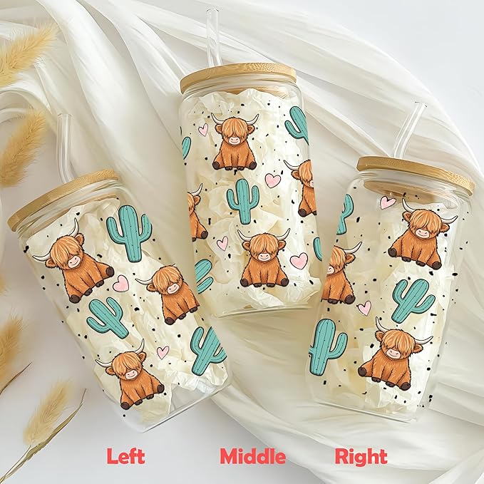 Highland Cow Gifts for Women Girls Mom 16 oz Glass Cups with Lids and Straws Highland Cow Coffee Mug Cows Print Cup Christmas Cute Stuff Gift for Friends Cowgirls Coffee Lovers