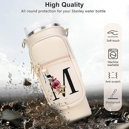 LOKASS Personalized Water Bottle Holder with Strap for Stanley Cup Accessories 40 oz Tumbler, Initial Water Bottle Carrier Bag/Phone Pocket, Mother's Day/Birthday Gifts for Women/Girls