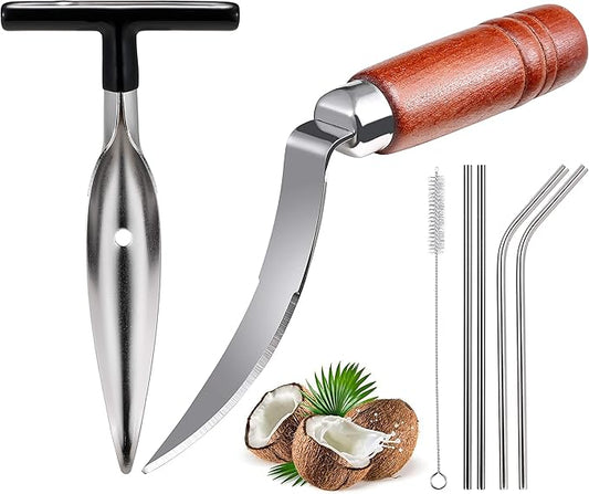 Coconut Opener Tools, Set of Stainless Steel Coconut Puncher with Straws, Brush, Coconut Meat Remover with Wood Handle, For Green & Young Coconut