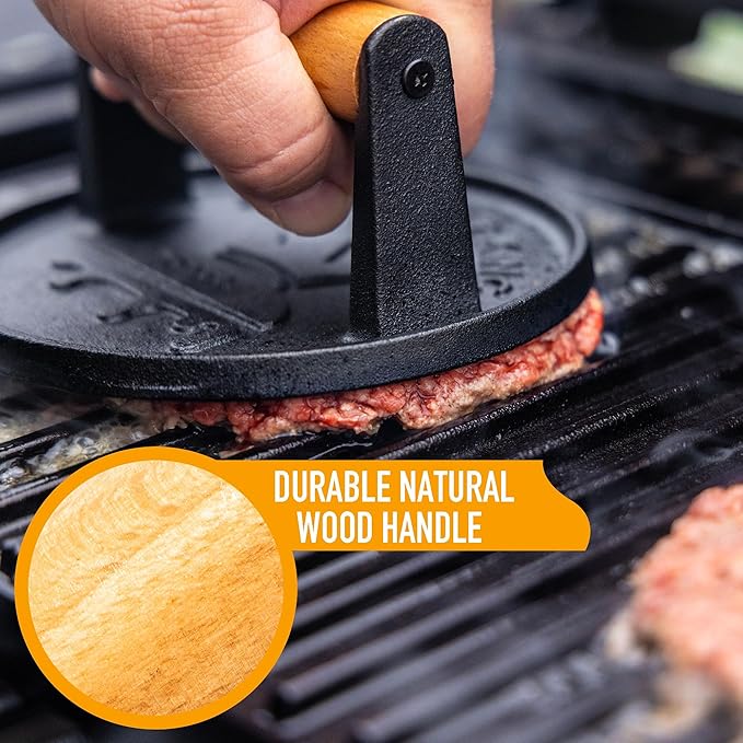 SMASHER KING™ - Smash Burger Press - Cast Iron Burger Smasher And Hamburger Patty Maker - Smash Burger Kit With 25 Sheets Of Paper - Grill Press And Steak Weight For Heavy Meat Smasher Cooking Results