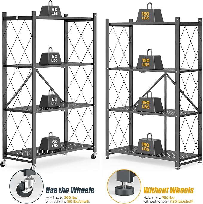 4-Tier Folding Metal Storage Rack - 50" Heavy-Duty Steel Frame with Wheels, No Assembly Utility Organizer, Rolling Shelving Unit for Kitchen, Garage, Pantry, Bedroom (Black, 4 Tier)