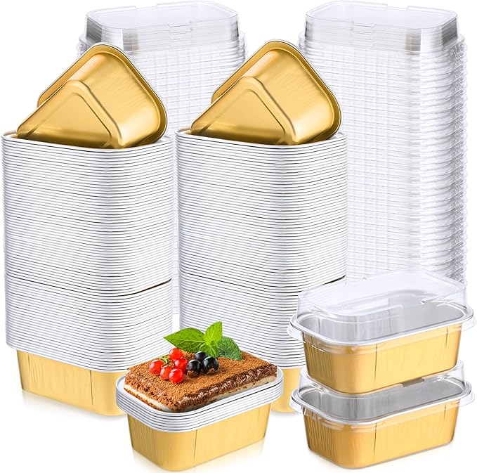 Vesici 100 Sets Mini Loaf Pans with Lids, 5.7 oz Disposable Aluminum Foil Baking Cups, Rectangle Cake Pans for Pudding Desserts Muffin Baking Storage Valentines Wedding Birthday Party(Gold)