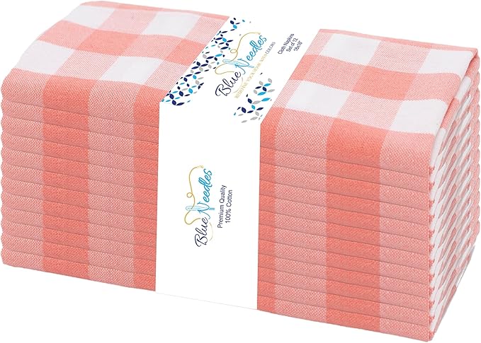 Blue Needles Gingham Buffalo Plaid Cloth Napkins 100% Cotton Set of 12 Dinner Table Napkins 18x18 inch Soft, Reusable, Washable Perfect for Wedding Parties & Everyday Use - Salmon & White