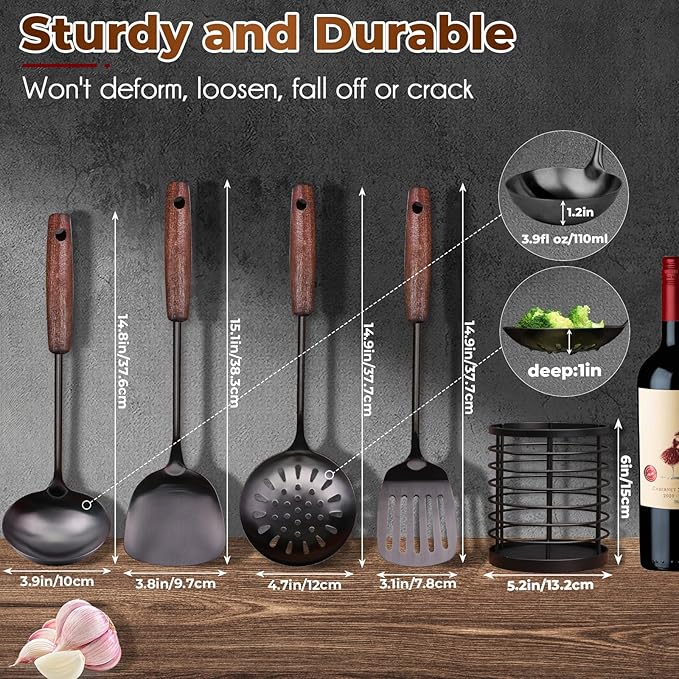 MARTE 18/10 Stainless Steel Cooking Utensil Set with Holder - 5 PCS Kitchen Serving Utensils Set - Spatula,Soup Ladle,Skimmer Slotted Spoon,Turner Spatula - Black Cooking Tools - Dishwasher Safe