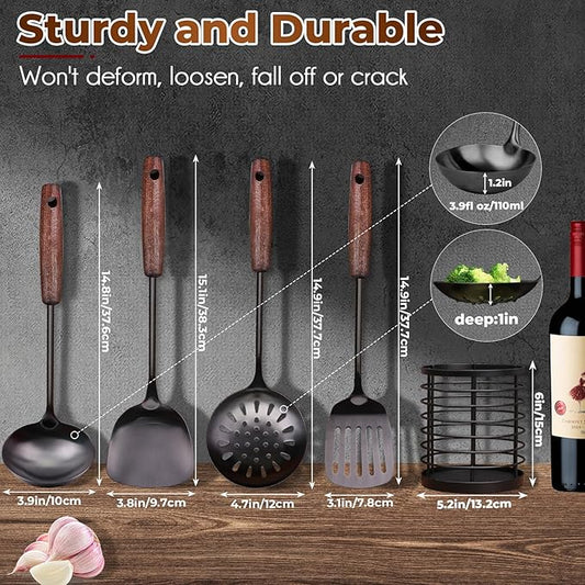 MARTE 18/10 Stainless Steel Cooking Utensil Set with Holder - 5 PCS Kitchen Serving Utensils Set - Spatula,Soup Ladle,Skimmer Slotted Spoon,Turner Spatula - Black Cooking Tools - Dishwasher Safe