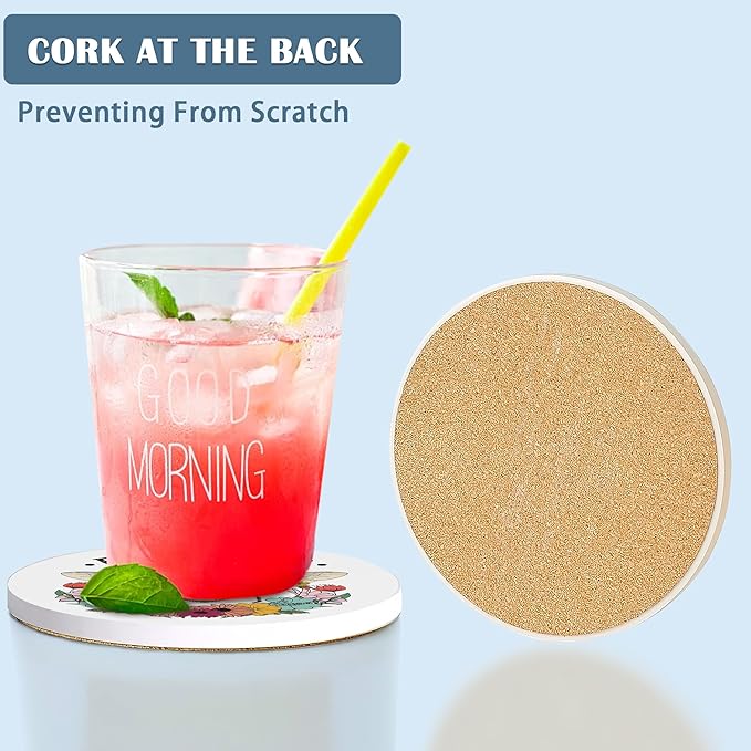 Coasters for Drinks,Bee Kind Wild Flower Absorbent Coaster Set of 4 with Cork Base,Ceramic Drink Coasters for Cold Drinks Wine Glasses Cups Mugs,Housewarming Gifts for Home Decor