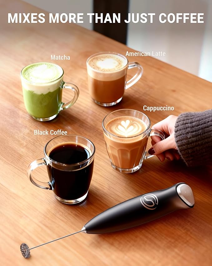 HeyLotie Milk Frother Handheld Frother Wand Drink Mixer Handheld Coffee Stirrers Electric Frother for Coffee Mixer Wand with 2 Whisk frother for protein powder coffee frother handheld -Black