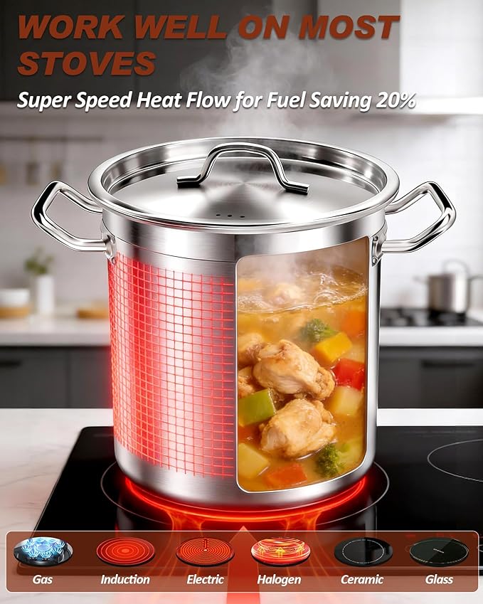 50 Quart Stainless Steel Stock Pot with Lid – Heavy Duty Large Cooking Pot for Soup, Stew, Chili – Commercial Grade, Induction Compatible – Great for Home & Catering