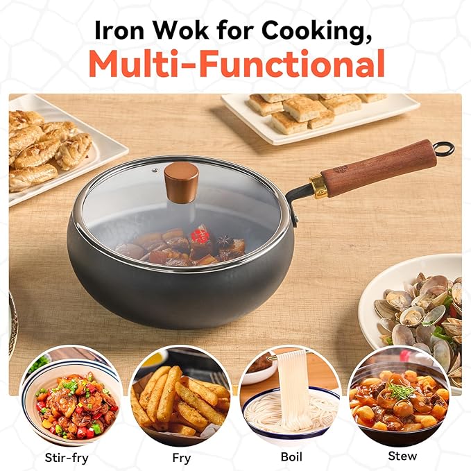 WANGYUANJI 9.5" Carbon Steel Wok - [Heavy-Duty & Thickened Base] - Deep Bowl Stir Fry Pan for Induction, Electric & Gas - Warp-Resistant, Splatter-Free Design with Lid (1-2 Person)