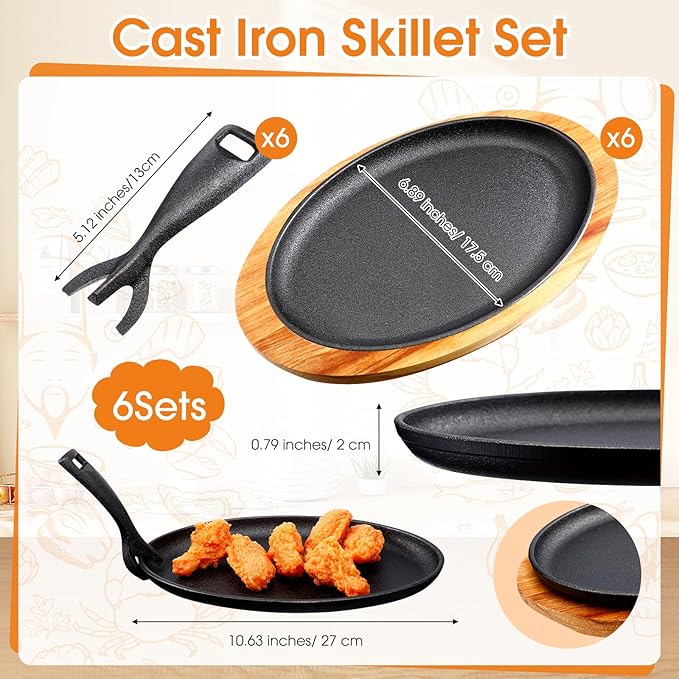FoldTier 6 Sets Cast Iron Skillet Set 10.63'' x 6.89'' Fajita Plate Sizzling Pan with Wooden Base Anti Scald Protection Removable Handle for Restaurant Kitchen Cooking Accessory BBQ Party