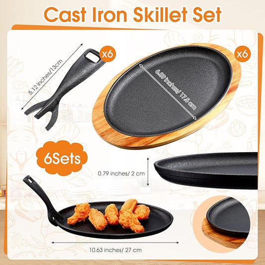 FoldTier 6 Sets Cast Iron Skillet Set 10.63'' x 6.89'' Fajita Plate Sizzling Pan with Wooden Base Anti Scald Protection Removable Handle for Restaurant Kitchen Cooking Accessory BBQ Party