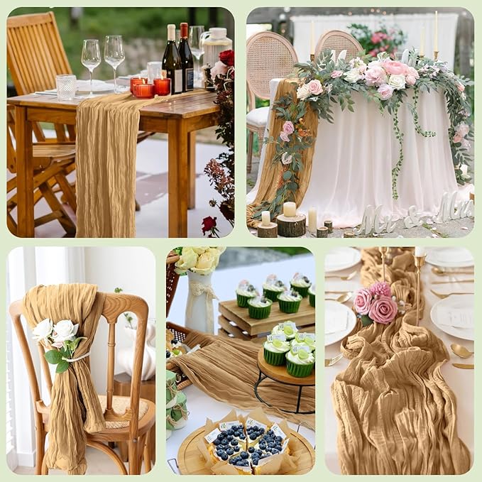 Wokceer Cheesecloth Table Runner 2Pack 10FT Khaki Boho Gauze Cheese Cloth Table Runner for Party Long Rustic Sheer Table Runners for Baby Bridal Shower Wedding Easter Table Decor