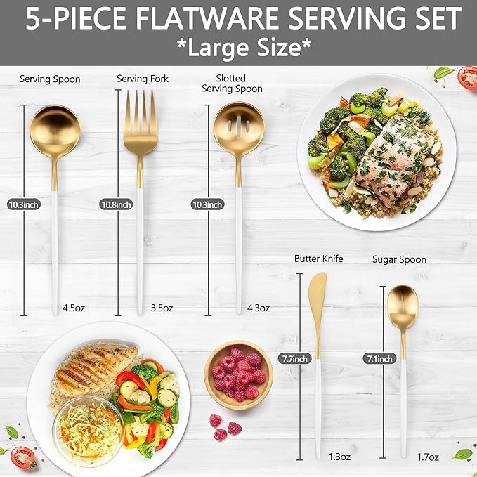 Serving Utensils,Set of 5 Matte Whitegold Large Serving Spoon,Slotted Serving Spoon and Serving Fork,with Sugar Spoons and Butter Knife,Stainless Steel Serving Utensils Set for Party Catering Buffet
