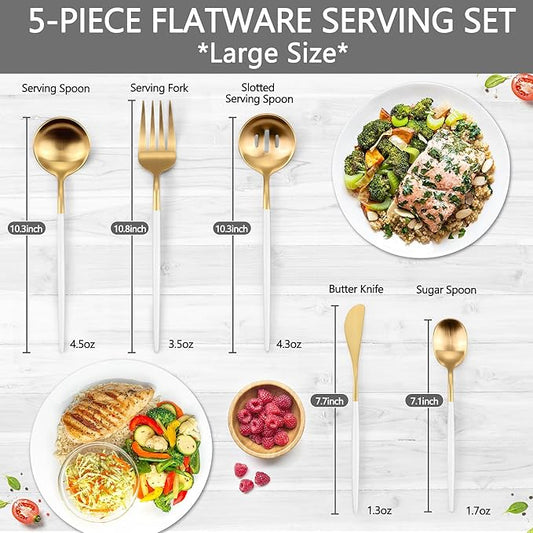 Serving Utensils,Set of 5 Matte Whitegold Large Serving Spoon,Slotted Serving Spoon and Serving Fork,with Sugar Spoons and Butter Knife,Stainless Steel Serving Utensils Set for Party Catering Buffet