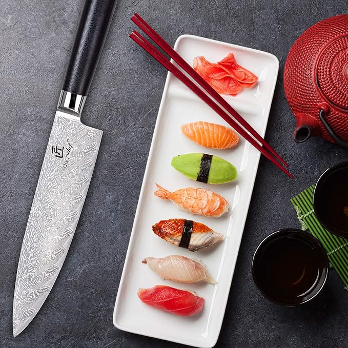 Deco Chef Professional Chef Knife 8-inch Damascus High Carbon Steel - 67 Layers AUS-10 Razor Sharp Japanese Quality with Full Tang Ergonomic Handle, Sharpening Guide Included