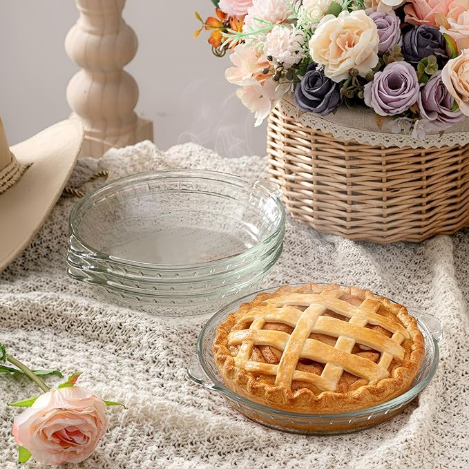 Uiifan 4 Packs 7.5 Inches Mini Glass Pie Pan for Baking Clear Pie Plate with Handles Round Glass Dish for Baking and Serving, Snacks, Salads, Desserts