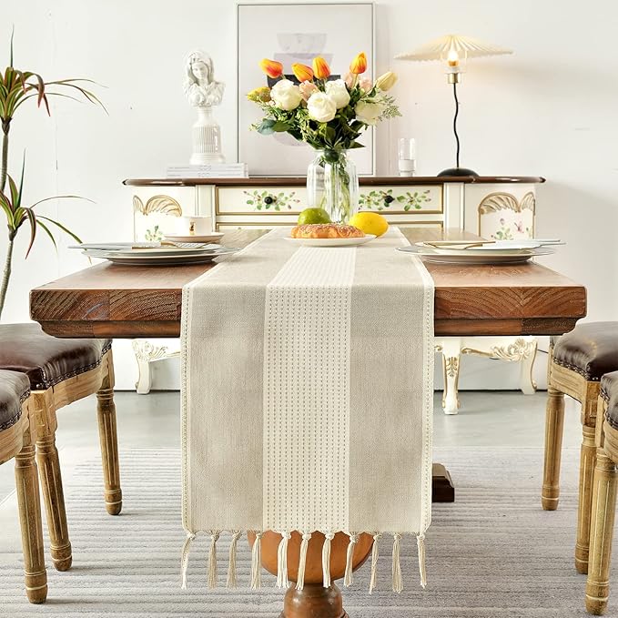 Wracra Linen Table Runner, Farmhouse Macrame Table Runners 72 Inches Long for Dining Table Decor, Wedding, Party and Dresser Decor (Light Coffee,72")