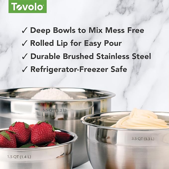 Tovolo Stainless Steel Mixing Bowls, 7.5 Qt - Metal Nesting Mixing Bowl with Rounded Lip for Easy Pour & Minimal Mess - Large & Small Dishwasher Safe Kitchen Supplies for Prep & Cooking