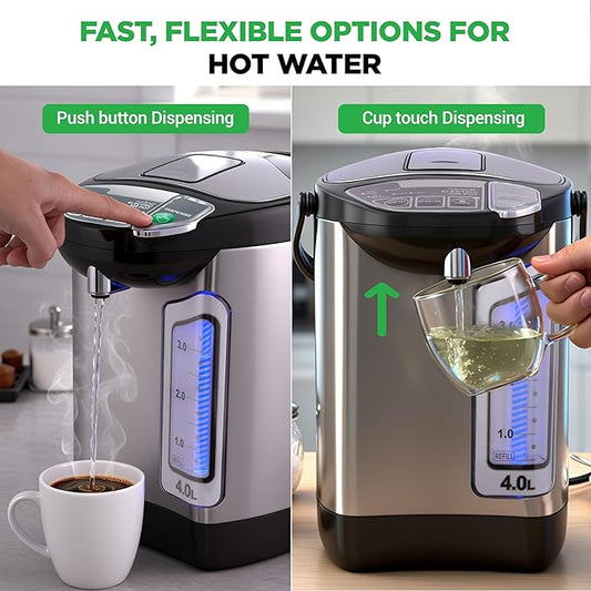 NutriChef Electric Water Boiler and Warmer - 4L/4.2Qt Stainless Steel Electric Hot Water Dispenser w/Rotating Base, Auto Shut Off, Safety Lock, Instant Heating for Coffee & Tea (NCHUB24)