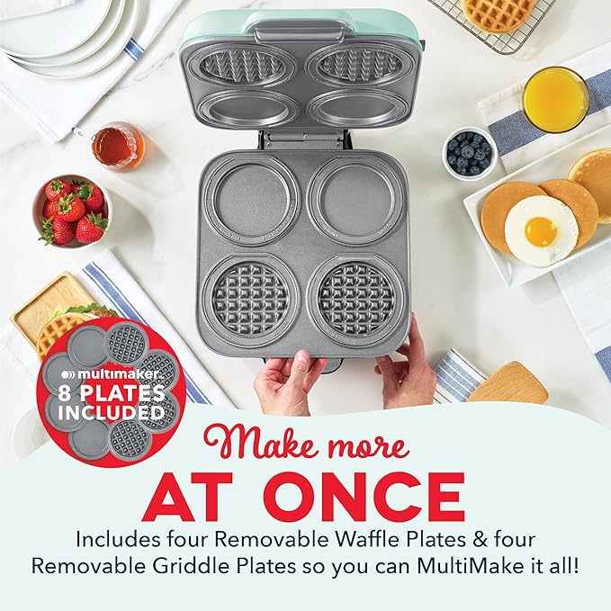 Dash MultiMaker® Family Mini Maker System - Dual Ceramic Nonstick Cooking Surfaces - Built-In Cord Wrap - Makes 4-Inch Waffles - Aqua, 8 Plates