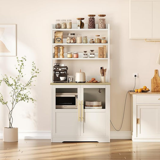 Garvee Farmhouse Bakers Rack with Glass Door, Microwave Stand with Power Outlets, Kitchen Hutch Pantry Cabinet, Kitchen Coffee Bar Cabinet for Spices, Dishes, and Pots, White
