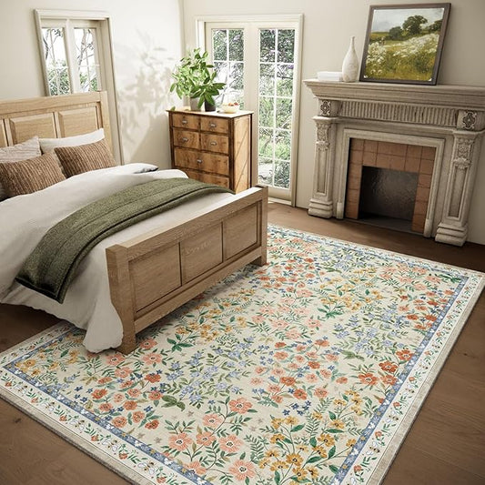 Machine Washable Rugs for Living Room: 5x7 Area Rugs for Bedroom Vintage Stain Resistant Non Slip Low Pile Soft Carpet Rugs for Entryway Kitchen Dining Room Farmhouse Kids Room Nursery