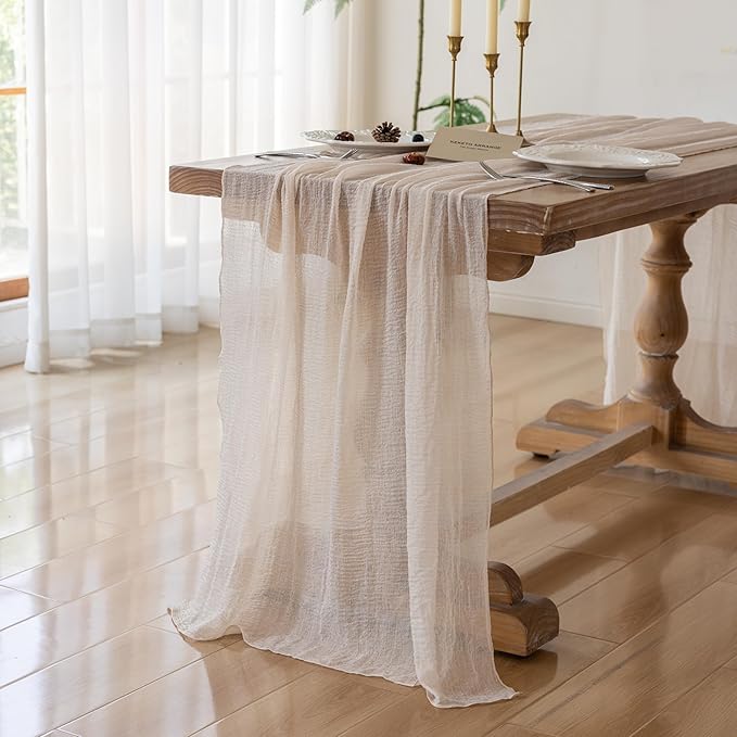 Keketoarrange Beige Cheesecloth Table Runner Gauze Rustic 120 Inch 10 FT for Wedding Baby Shower Bridal Shower Birthday Engagement Garden Party Long Sheer Boho Spring Easter Home Decorations