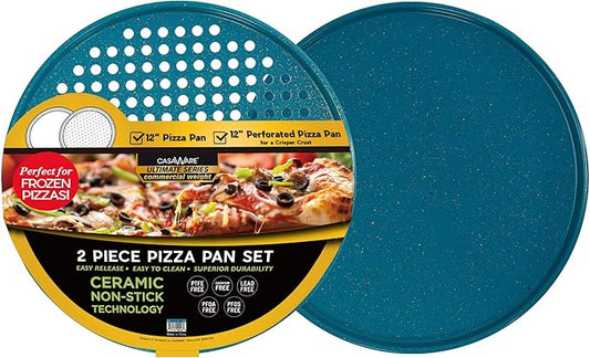 casaWare 2pc 12-inch Ultimate Pizza Pan Set, Nonstick, Ceramic Coated, (1) Solid, (1) Perforated (Blue Granite)