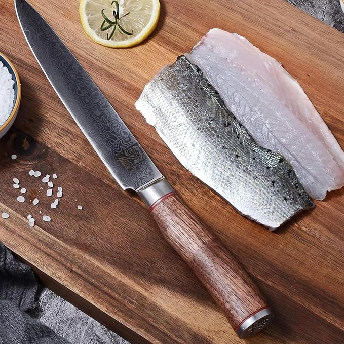 zayiko Carving Knife – 8-Inch Damascus Chef Knife | 67 Layers Steel with VG10 Core | Ergonomic Walnut Wood Handle | Professional Meat and Kitchen Knife in Gift Box