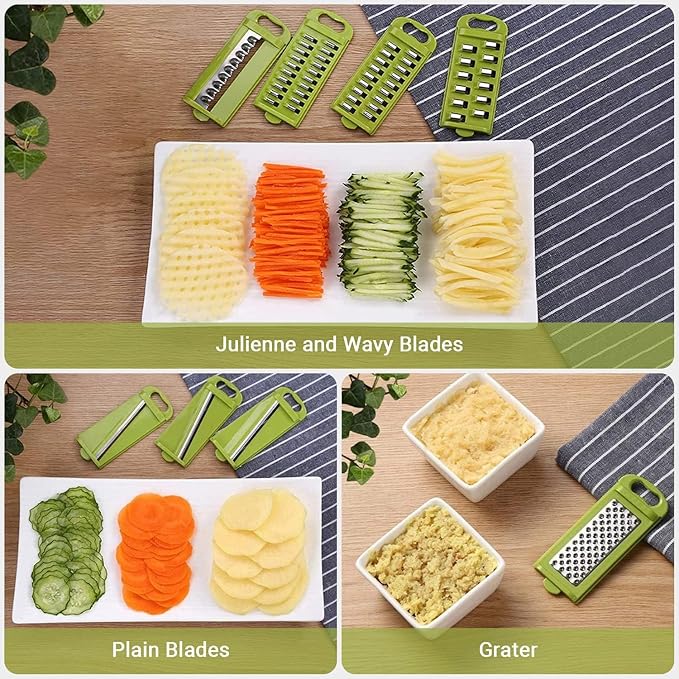ADOV All in 1 Mandoline Slicer for Kitchen, Multi Function Fruit and Vegetable Slicer Vegetable Cutter, Interchangeable Stainless Steel with Food Container, Hand Protector, Julienne Slicers for Salad