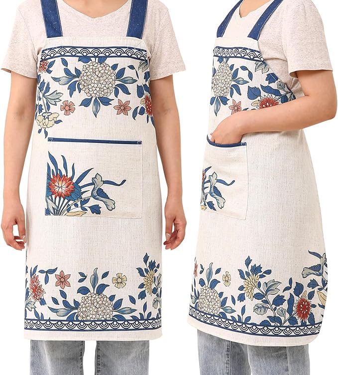 patdrea Blue Floral Linen Apron with Pocket,French Kitchen Garden Chef BBQ Aprons for Women and Men,Crisscross Back Straps