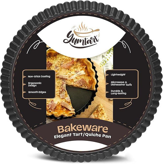 YUMTART 9 Inch Tart Pan with Removable Bottom – Non-Stick Deep Fluted Quiche and Pie Pan, Carbon Steel Loose Bottom Tart Pan, 9.5 Inch Top / 9 Inch Base, 1.1 Inch Deep Baking Pan