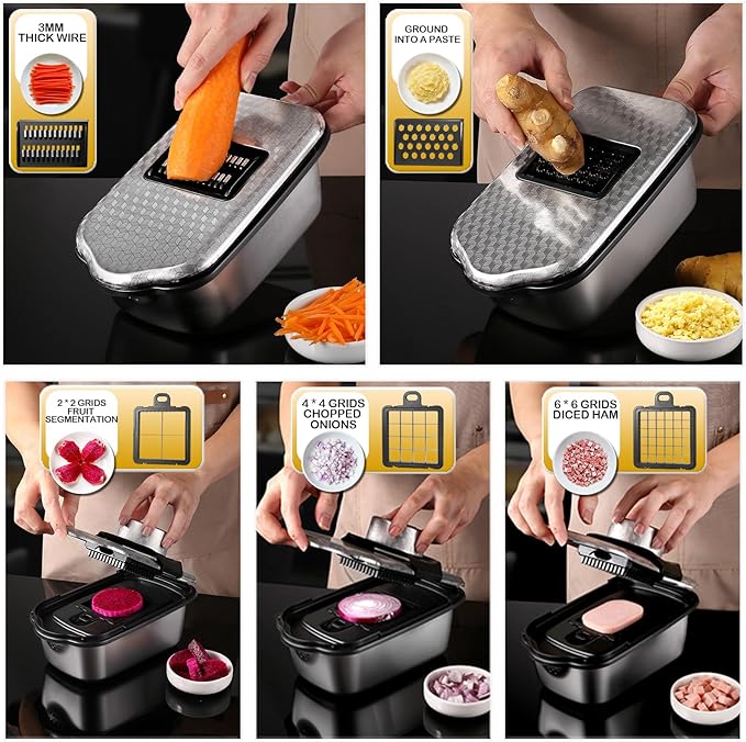 NOVANO 9-in-1 Vegetable Chopper, Stainless Steel Mandoline Slicer, Veggie Chopper, Food Chopper with Container, Onion Chopper, Veggie Cutter for Salad, Potato and Carrot, kitchen essentials Tool