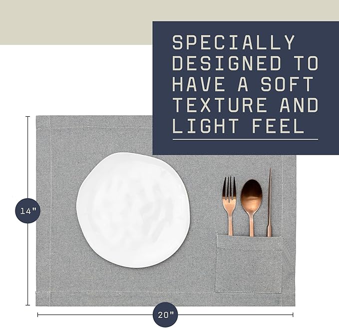 MEEMA Cloth Placemats with Pockets Set of 4 | 14 x 20 in | Recycled Denim and Cotton Farmhouse Placemats - Blue with Pocket | Washable Placemats for Dining Table, Tablemats for Special Ocassions