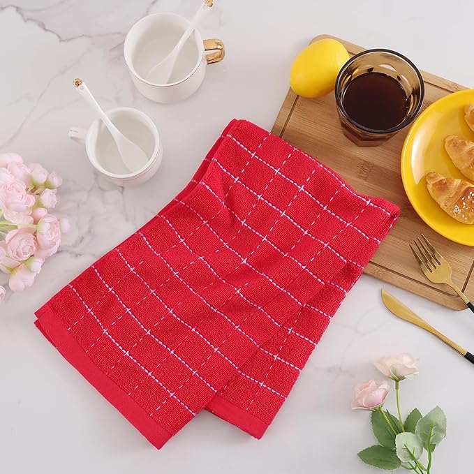 Mordimy 100% Cotton Terry Cloth Kitchen Towels, Super Soft and Absorbent Dish Towels for Drying, Checkered Designed Hand Towels for Kitchen, 16 x 26 Inches, 4 Pack, Red