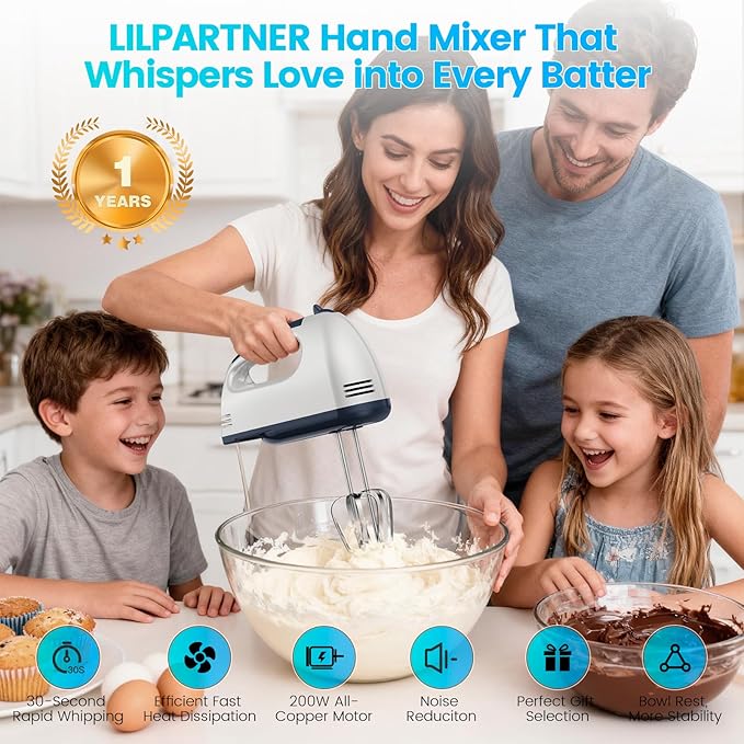 LILPARTNER Hand Mixer Electric, Small Food Mixer 7 Speeds Handheld Blender,304 *(1* Whisk, 2* Beater, 2*Dough Hook) Kitchen Blender for Cream, Cookies, Dishwasher Safe, White