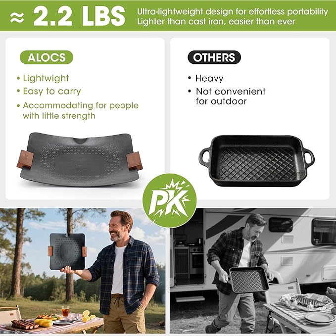 Alocs Korean BBQ Grill Pan with Bag, 12.6'' Cast Aluminum Nonstick Coating, Lightwight 2.2 Pounds, Rectangular Grill Pan for Stove Top, Portable Outdoor Camping BBQ