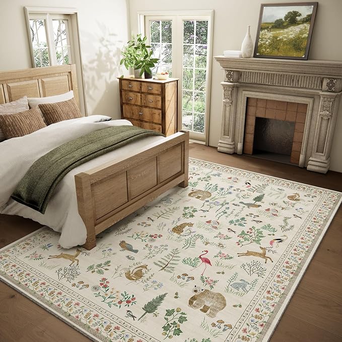 9x12 Area Rugs for Living Room: Washable Bedroom Rug Vintage Stain Resistant Non Slip Low Pile Soft Lightweight Carpet for Kitchen Dining Room Farmhouse Nursery Kids Room Home Office
