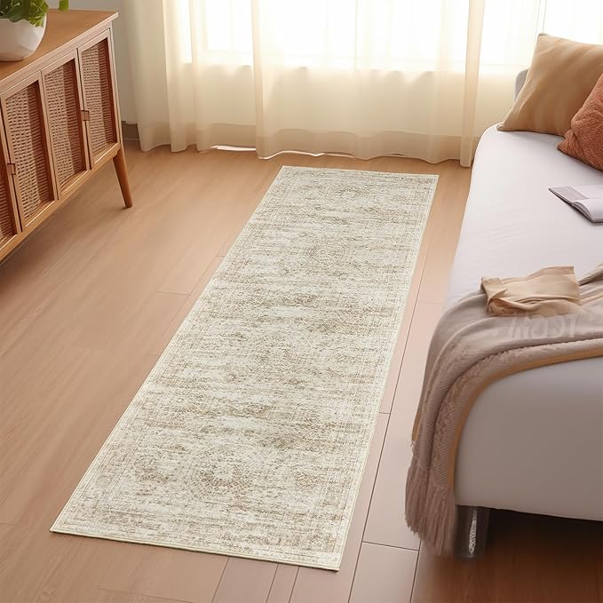 Washable Runner Rugs for Bedroom - 2x6 Runner Rug Non Slip, Ultra-Thin Entryway Runner, Soft Abstract Kitchen Runner for Hallway, Laundry, Bathroom, Indoor Door Mat(2'x6', Beige/Ivory)