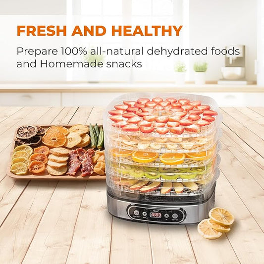 Rosewill Essential Food Dehydrator, 5 Stackable Trays with Adjustable 48H Timer and Temperature Control - Electric Food Preserver for Jerky, Fruits, Veggies, Meat & Dog Treats, Large capacity