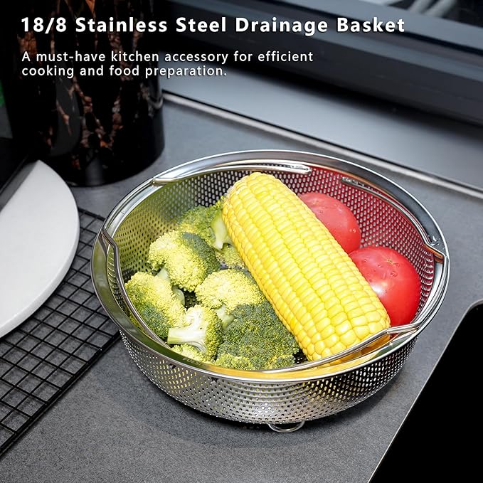 Stainless Steel Steamer Basket - Vegetable & Dumpling Steamer Insert for Pots, Instant Pot Accessories with Handles & Feet, Multi-Purpose Mesh Strainer for Cooking, Fruits (Silvery, Large)