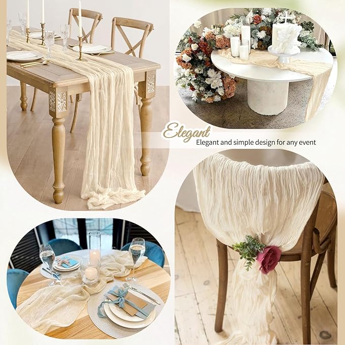 12 Pack Ivory Cheesecloth Table Runner 10Ft, Gauze Table Runners 21.5 x 120 inch,Semi Sheer Cheese Cloth Fabric Runner Bulk for Wedding,Party,Baby Shower,Bridal Shower