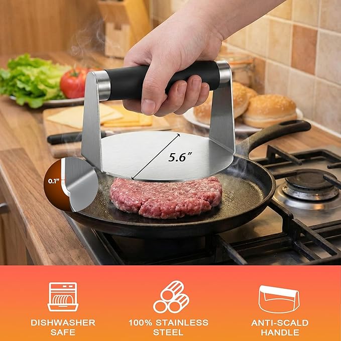 Smash Burger Press Kit - Stainless Steel Burger Smasher & Wide Spatula Set with 100pcs Patty Paper, Shakers, Tongs - Heavy Duty Griddle Accessories BBQ Tools for Flat Top Grill & Cast Iron Skillet