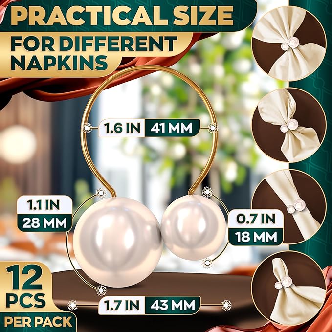 Gold Pearl Napkin Rings Set of 12 – Easter Napkin Rings | Easter Table Decor with Faux Pearls | Reusable, Metal & Scratch-Resistant Finish - for Weddings, Banquets, Holiday Easter Dinner & Gift Giving