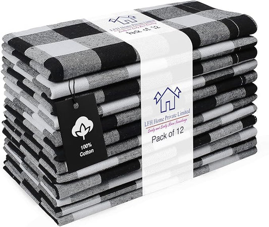 LFH Home 100% Cotton Cloth Reusable Dinner Napkins Set of 12 Washable Soft Decorative Buffalo Plaid Gingham and Checkered Table Napkins for Holidays Wedding Farmhouse Decor 18x18 Inch-Black & White