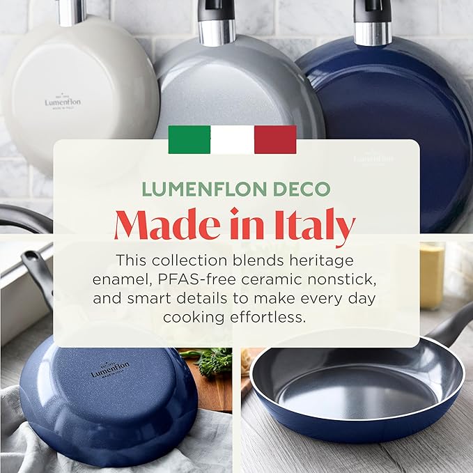 Lumenflon Deco 11” Nonstick Frying Pan Skillet, Made in Italy, Diamond Ceramic PFAS-Free, Dishwasher & Metal Utensil Safe, Durable Gloss Enamel Finish, Stay-Cool Handle, High Walls-Extra Room, Blue