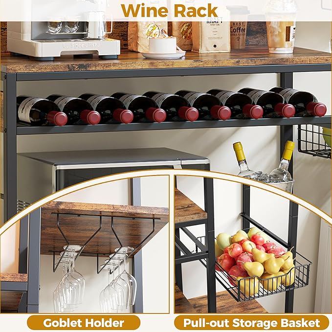 IRONCK Bakers Rack with Power Outlet, 47.24 Inch Coffee Bar Cabinet, Kitchen Microwave Stand with Storage, Kitchen Shelf with Shelves, LED Light, Globlet Holder and Wine Basket, Vintage Brown