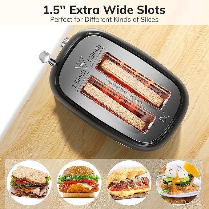 Retro Stainless Steel 2 Slice Toaster - Bagel, Cancel, Defrost Functions, 6 Shade Settings, Extra Wide Slot, Removable Crumb Tray (Black)