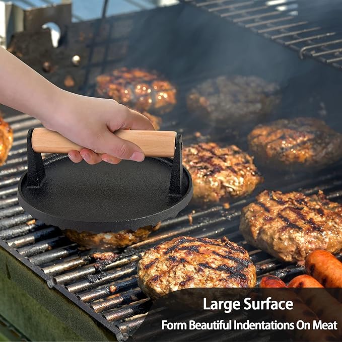 7 Inch Cast Iron Burger Press, Leonyo Smash Burger Press Weight, Heavy-Duty Hamburger Smasher Tool Griddle Accessories Kit for Cooking Bacon Steak Sandwich, Outdoor BBQ Grill - Round